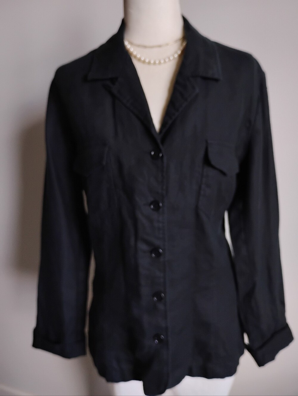 Liz Claiborne Linen Blazer Jacket Classic Black Safari Boho Vintage 90s  Large